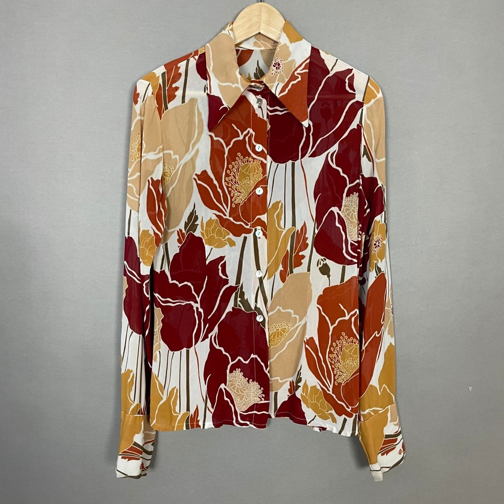 Vintage Floral Blouse Dagger Collar 1970s Semi Sheer Long Sleeve Blouse Retro